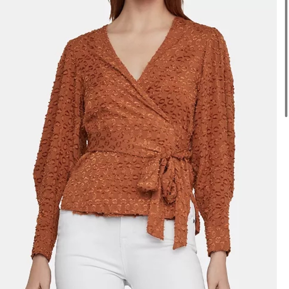 BCBGMAXAZRIA Burnt Orange Wrap Clip-Dot Peplum Long Sleeve Top